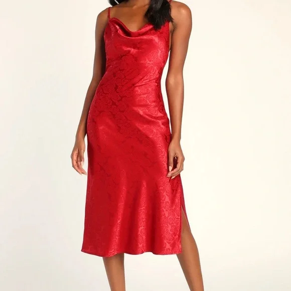 red silk slip dress midi Aspen Midi Dress - Deep Red Satin Slip Dress